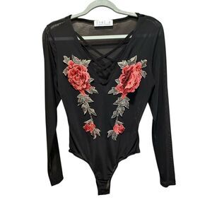 Stella Laguna Beach Mesh Bodysuit Rose Applique Whimsygoth Size L